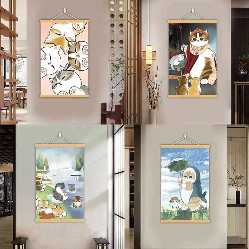 卡通小花狸花猫鲨鱼小猫墙壁卧室走廊免打孔布艺实木装饰挂画定制图片