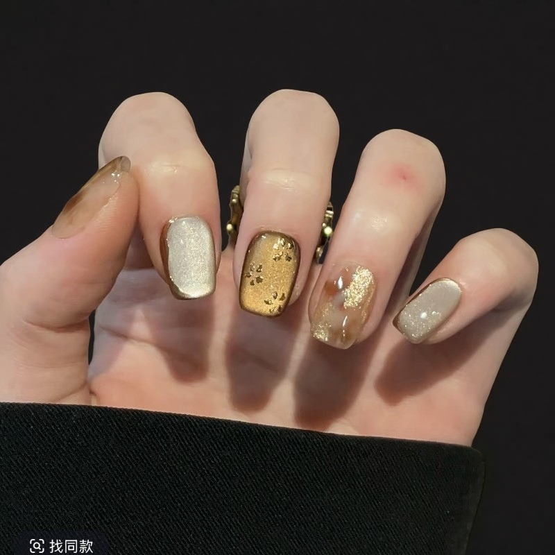秋冬款金棕色系琥珀晕染猫眼美甲