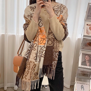 法国COUVRIR秋冬季100纯羊绒围巾女双面格子围脖加厚保暖披肩两用