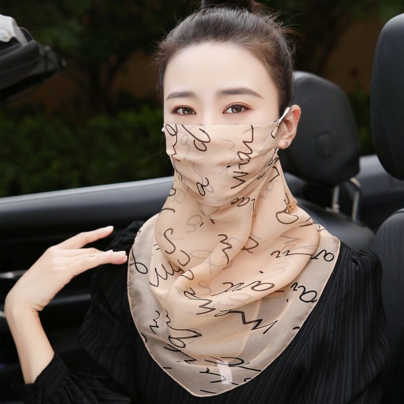 100%桑蚕丝遮阳面纱真丝口罩护颈一体夏季面罩薄款遮脸围巾披肩女