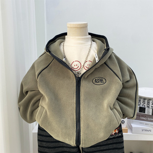 男童摇粒绒外套连帽初冬2025新款儿童深秋衣服宝宝冬装加绒加厚潮