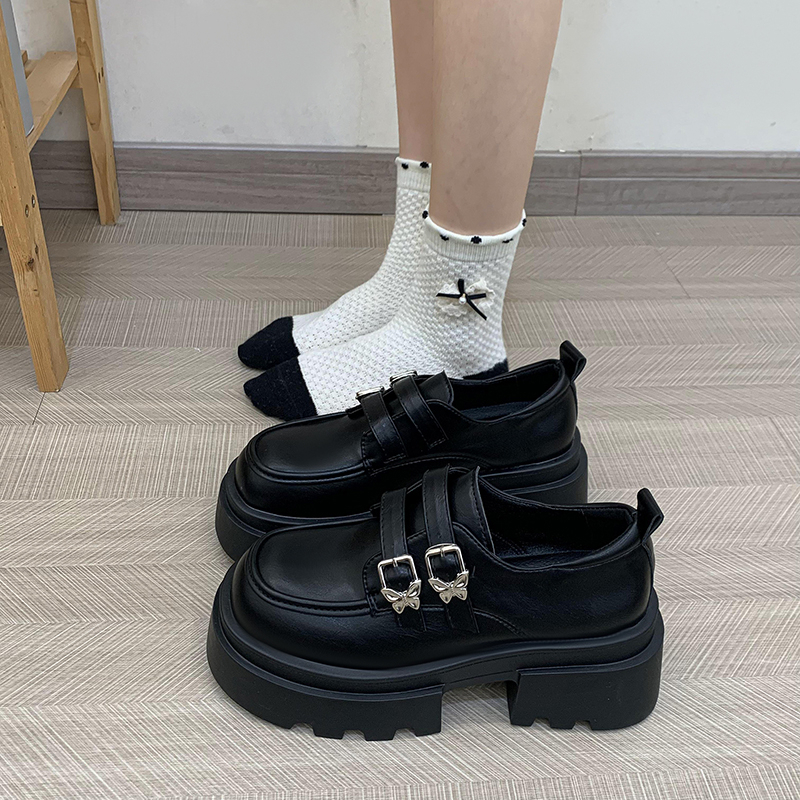 黑色厚底小皮鞋女粗跟增高乐福鞋