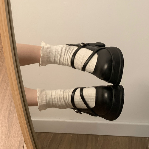 黑色圆头高跟厚底玛丽珍小皮鞋女