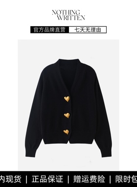 【现货】NOTHING WRITTEN黑色爱心纽扣针织开衫女V领宽松厚款外套