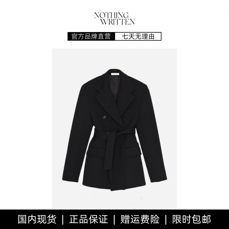 【现货】NOTHING WRITTEN韩版毛呢外套女经典黑色修身双排扣上衣