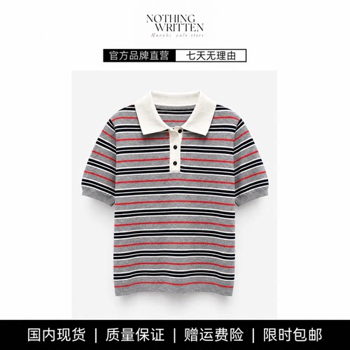 【现货】NOTHING WRITTEN针织衫POLO领短袖丝绵肌理经典条纹上衣