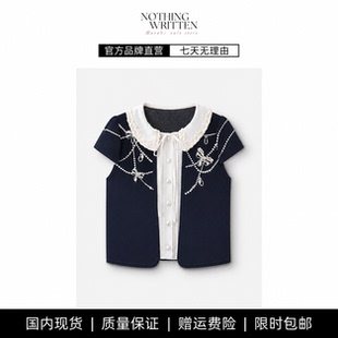 【现货】NOTHING WRITTEN蝴蝶结提花珠饰假两件针织短袖开衫外套