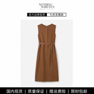 【现货】NOTHING WRITTEN亚麻中长连衣裙法式复古风无袖收腰系带