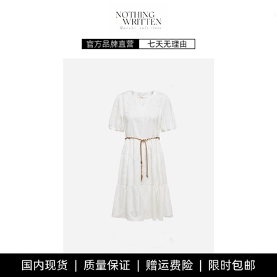 【现货】NOTHING WRITTEN高支棉V领重工刺绣白色连衣裙收腰显瘦