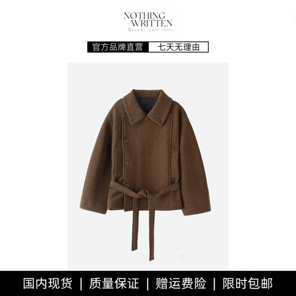 【现货】NOTHING WRITTEN老钱风翻领驼毛短款呢大衣系带浴袍外套