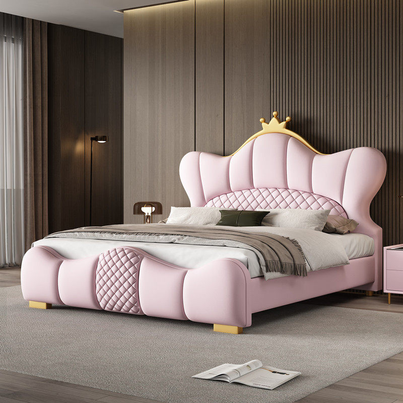 儿童床女孩公主床卧室现代简约粉色网红皇冠床儿童房轻奢真皮软床