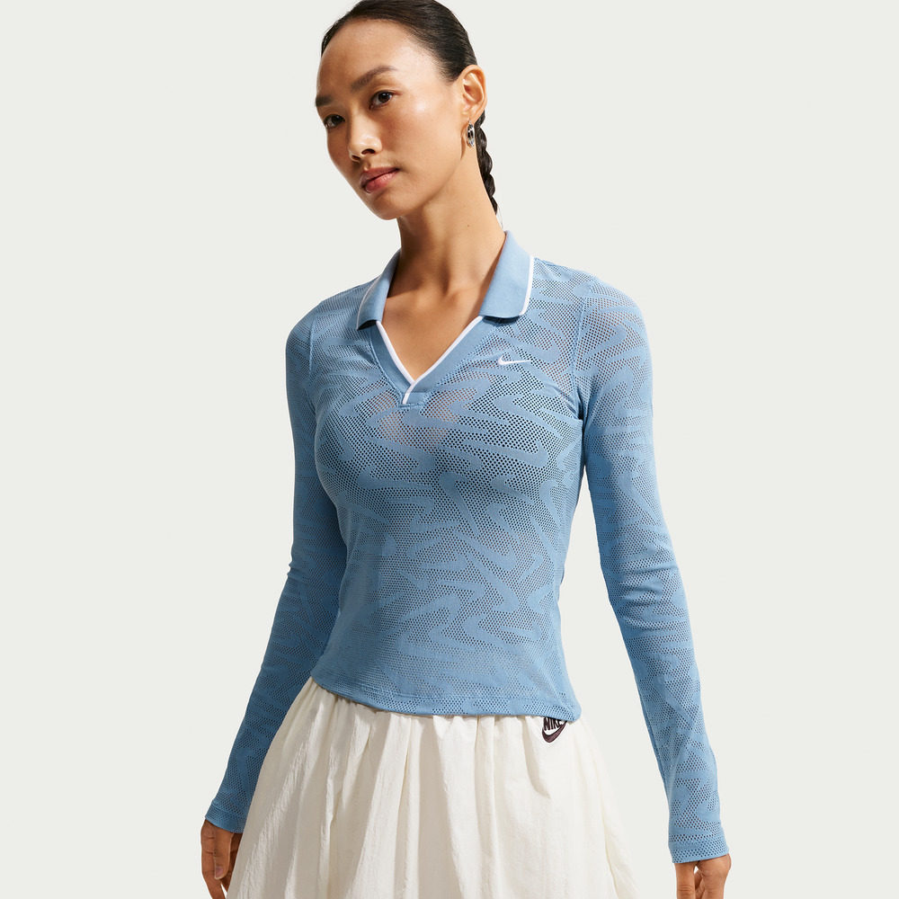 NIKE耐克女子紧身中短款蕾丝上衣运动休闲翻领长袖T恤IM8390-486