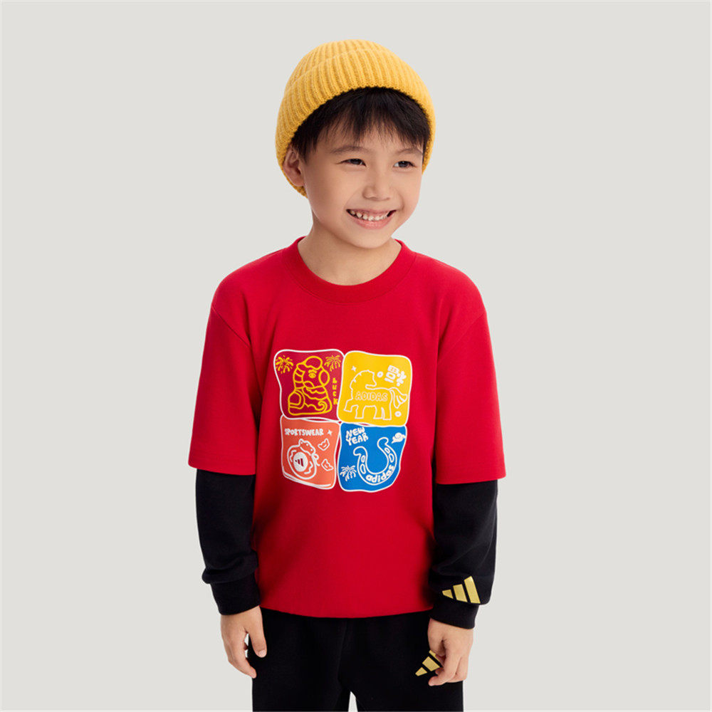 adidas阿迪达斯男小童红色新年童装拜年衣服休闲长袖T恤KV6980