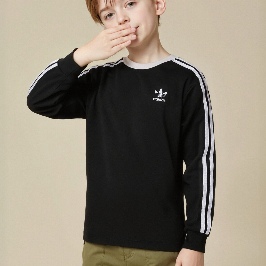 adidas阿迪达斯三叶草男大童三条纹运动休闲圆领长袖T恤KW9607