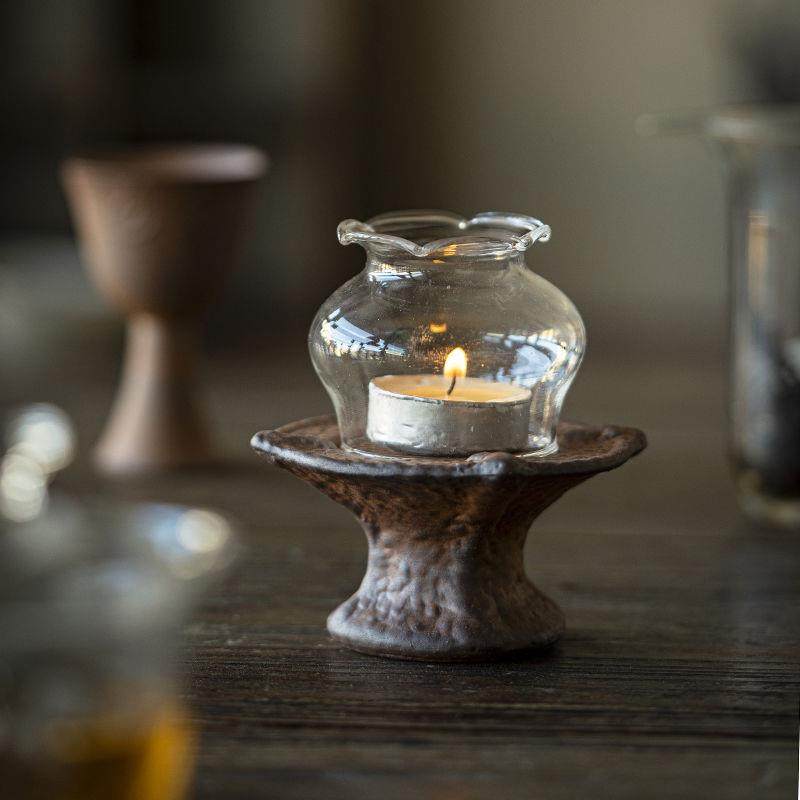 老岩泥黄色玻璃罩烛台复古茶室氛围感摆件蜡烛粗陶香熏小夜灯,家装灯饰光源,其它灯具灯饰,淘宝优惠券,粉丝福利购,淘宝优惠卷