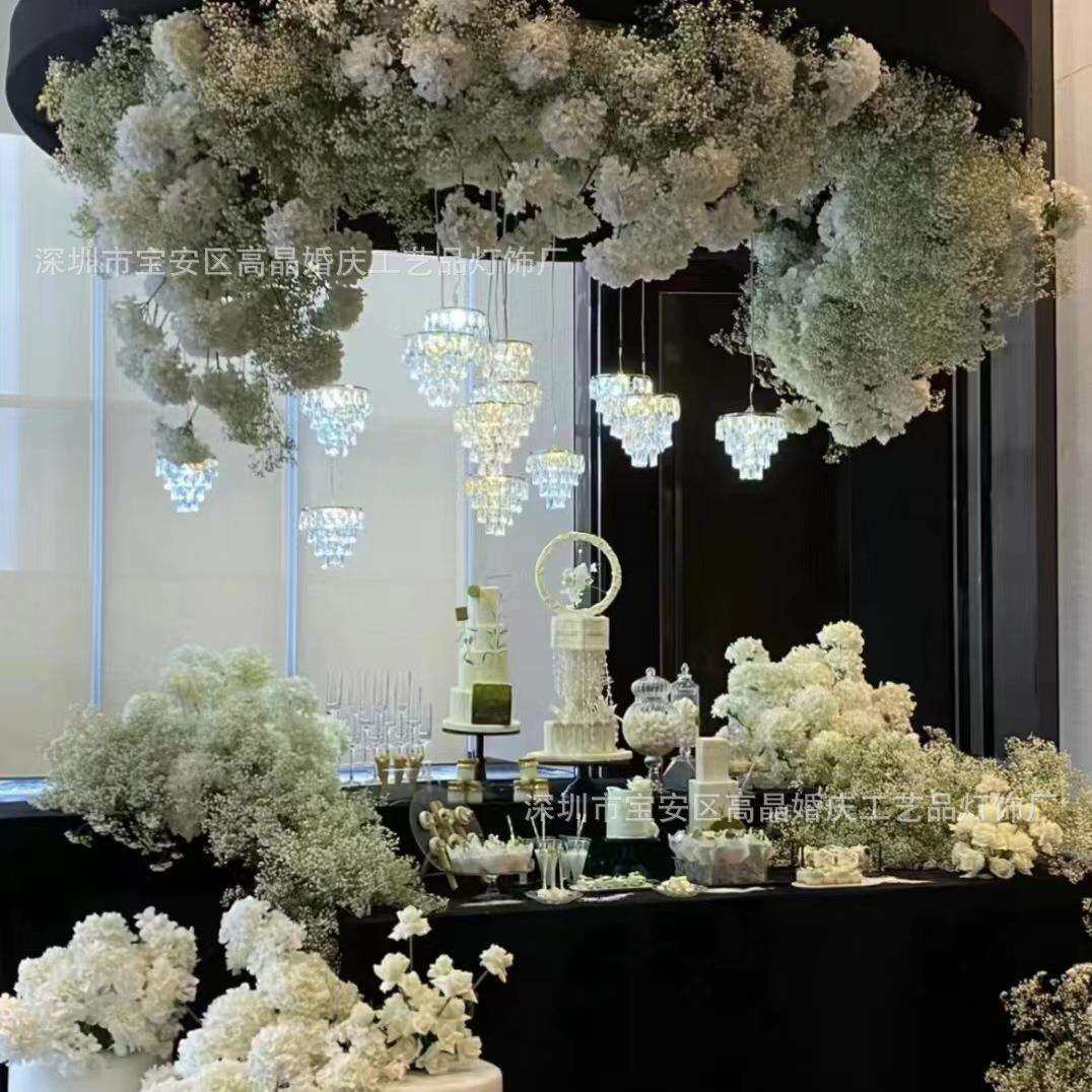 新款婚庆欧式铁艺电镀3头水晶冰块珠帘吊灯挂件婚礼装饰空中吊顶