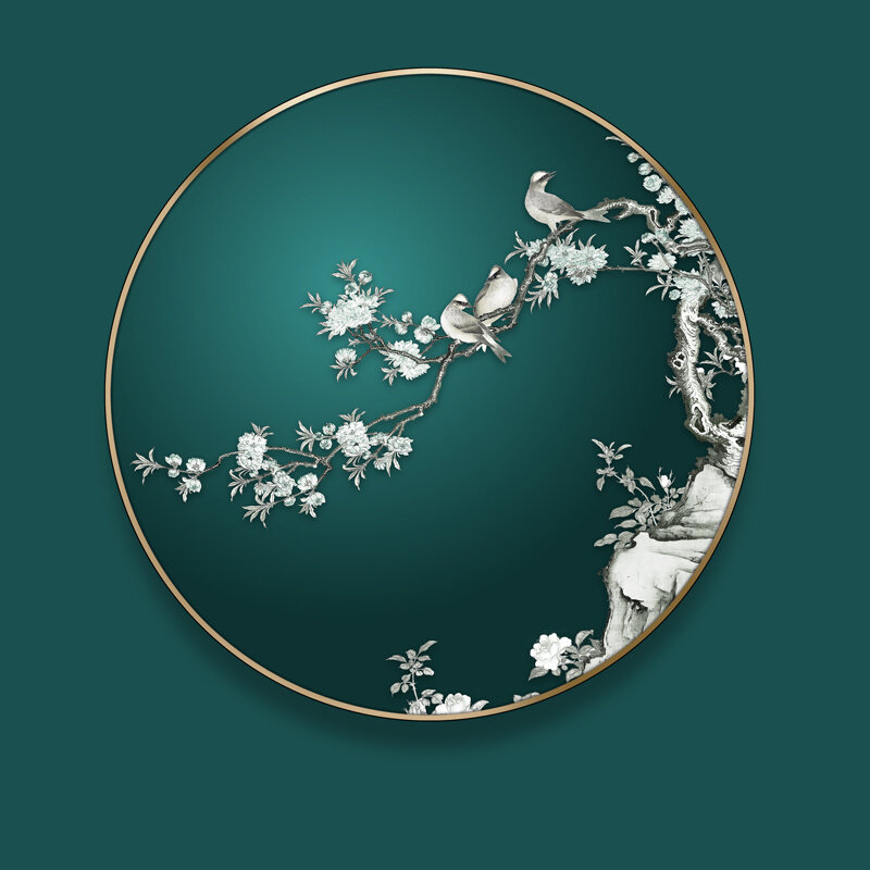 新中式玄关装饰画走廊过道墙壁画金银箔花鸟餐厅国潮轻奢圆形挂画