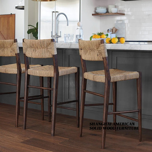 北欧Style实木轻奢酒吧椅现代简约家用吧台高脚凳复古编绳餐桌椅子