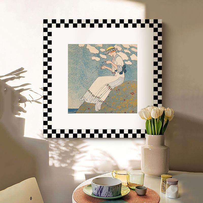 摩登女郎 现代法式复古巴黎时尚挂画小众艺术棋盘格卧室装饰画