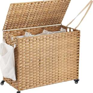 跨境手工藤编洗衣篮仿柳条塑料藤编带轮脏衣篓可拆卸大容量脏衣篮