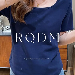 胖tmm简约下摆显瘦百搭方领正肩短袖 大码 夏季 女装 T恤上衣 2024新款