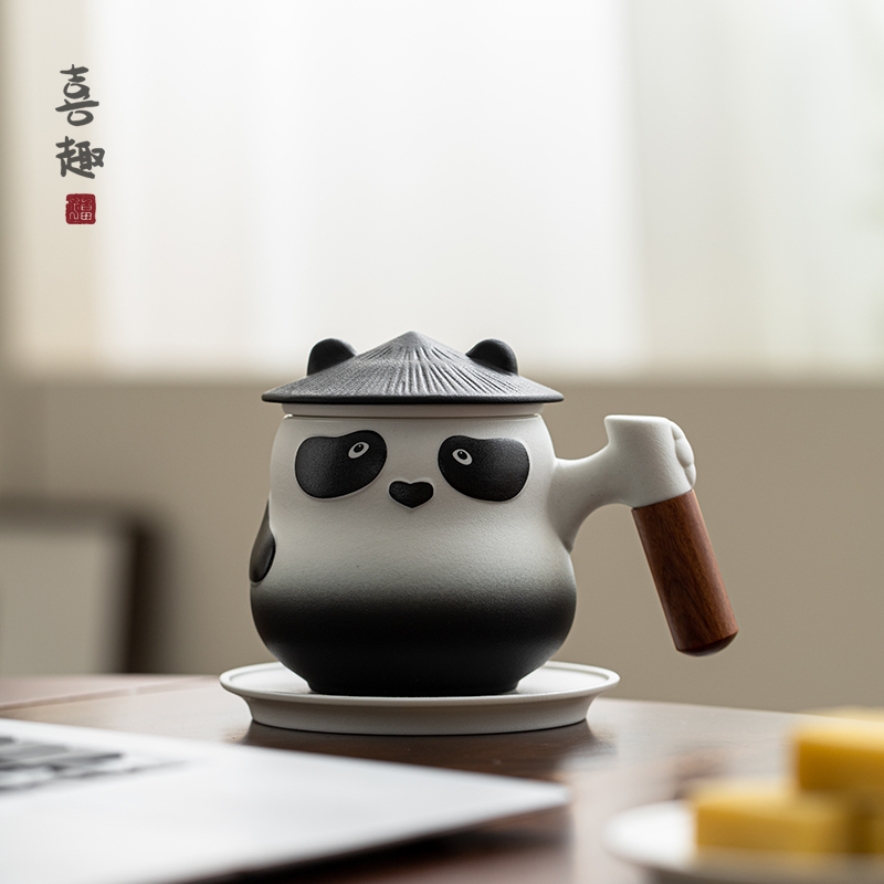 喜趣熊猫泡茶马克杯创意陶瓷茶水分离杯子带盖男女办公室过滤水杯