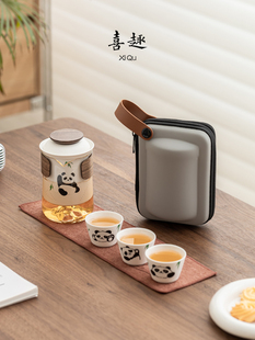 有趣熊猫功夫茶具茶具套装 旅行茶具一壶三杯户外露营茶壶 手提式