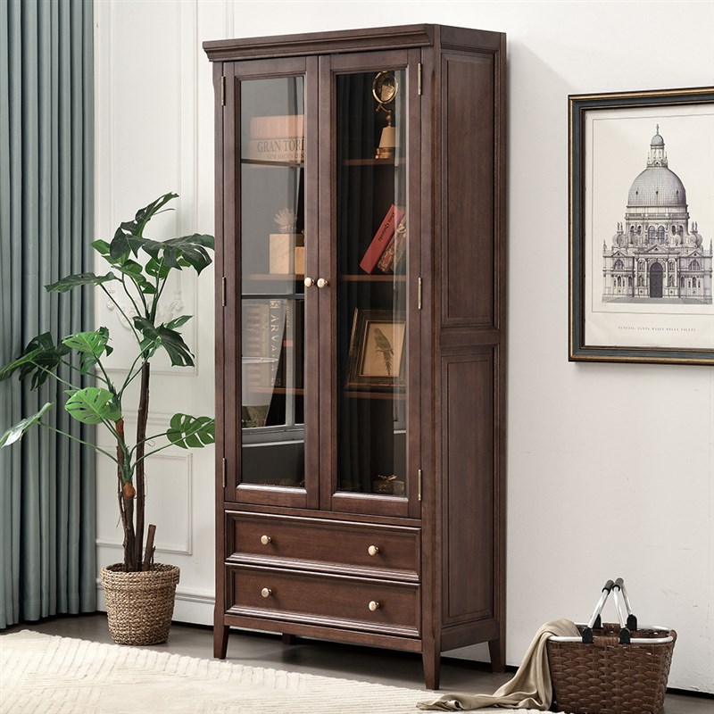 美式双门书柜实木家用书橱书架两门展示柜客厅带玻璃落地储物酒柜