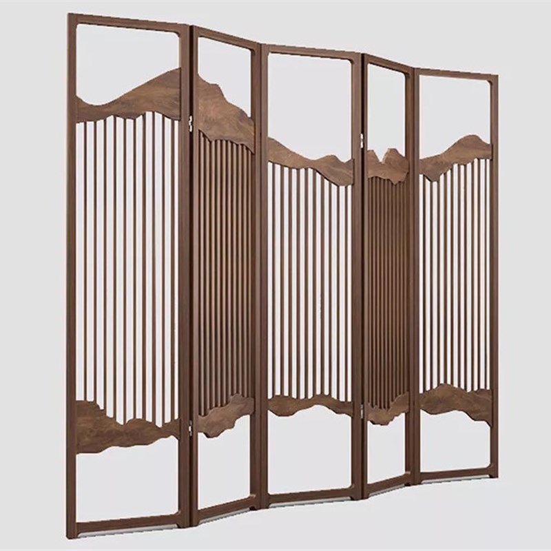 新中式屏风胡桃木色折扇可折叠隔断房间会所别墅酒店家具现代中式