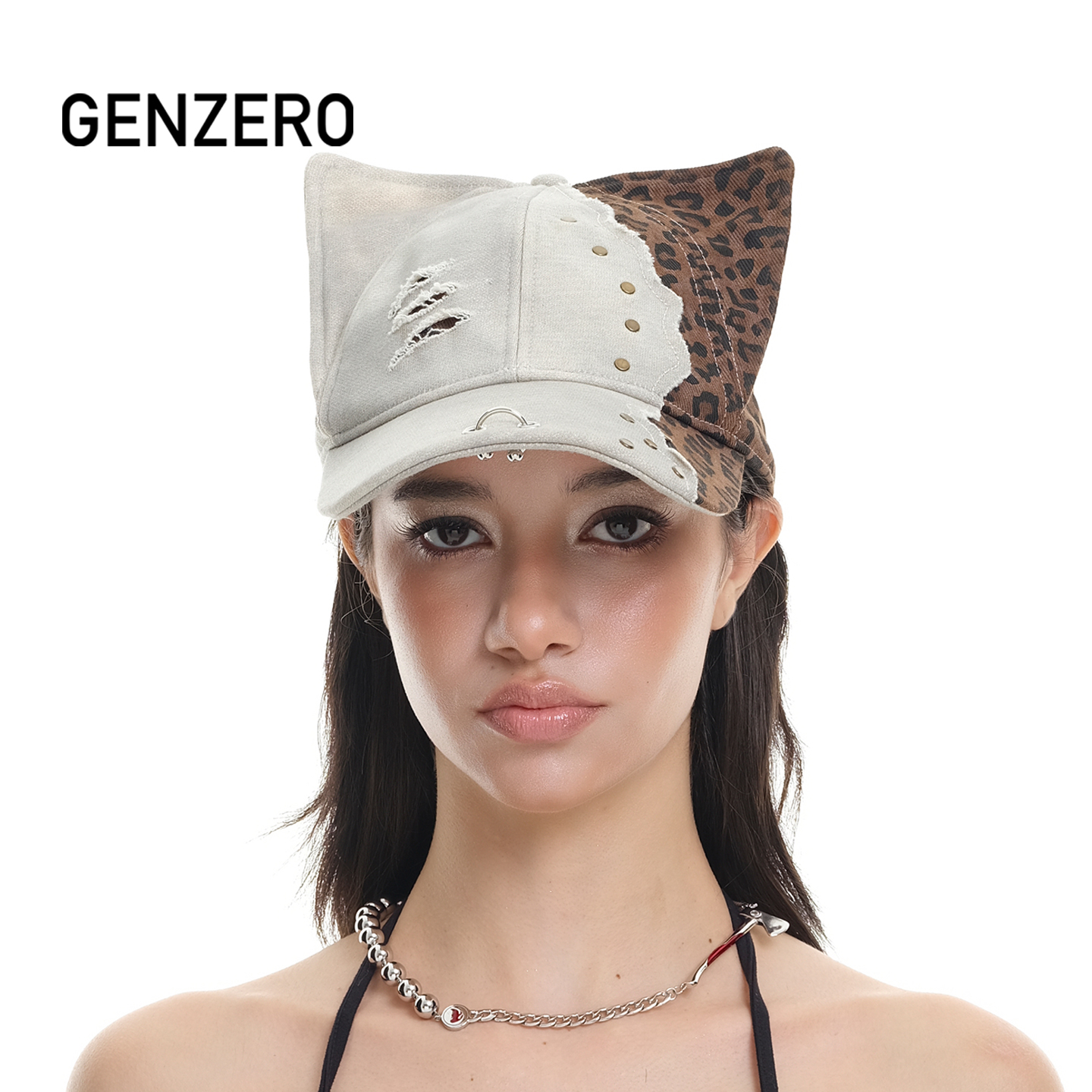 GENZERO「kitty」猫耳棒球帽铆钉豹纹猫耳朵鸭舌帽男女帽子