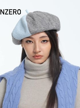 GENZERO「bow」灰蓝色拼接针织贝雷帽气质百搭南瓜帽八角帽
