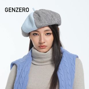 GENZERO「bow」灰蓝色拼接针织贝雷帽气质百搭南瓜帽八角帽