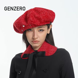 GENZERO「clo」粗花呢衣领云朵贝雷帽套装 显脸小画家帽