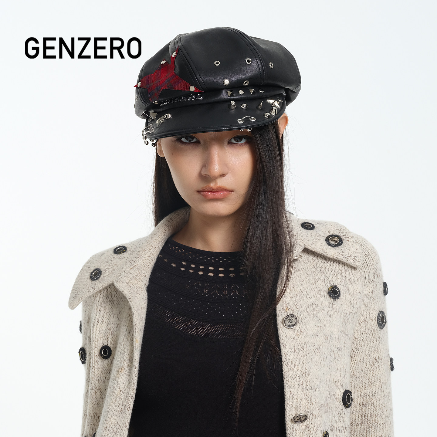 GENZERO「nana」岳岳同款星星铆钉贝雷帽复古八角帽朋克帽子男女