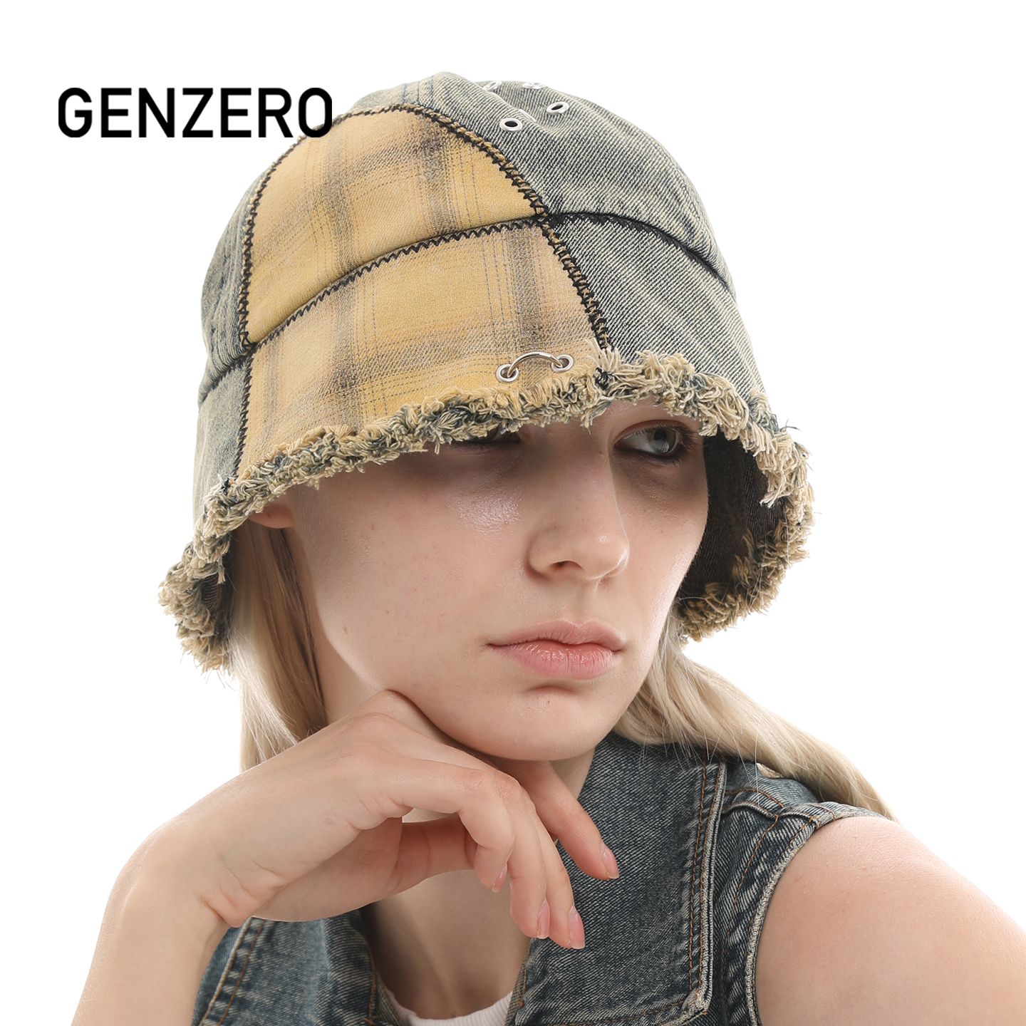 GENZERO牛仔拼接格子渔夫帽