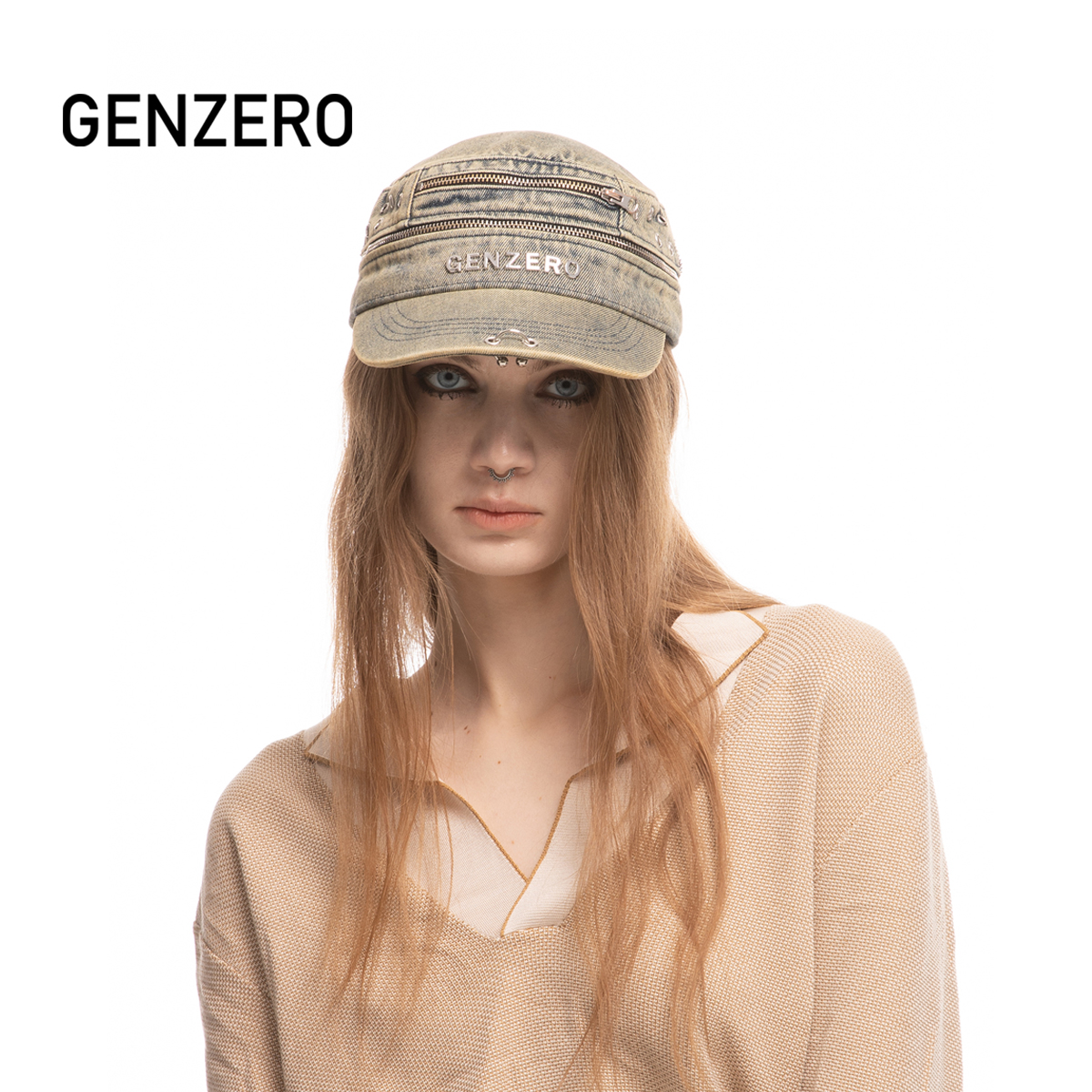 GENZERO水洗牛仔拉链平顶帽