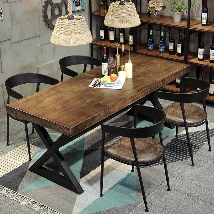 美式复古做旧餐厅铁艺餐桌 室洽谈咖啡桌长条实木餐桌椅组合