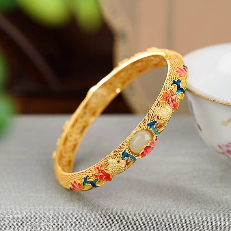 珐琅金鱼宫廷风镂空手镯女925银镀金 女国风旗袍开口碧玉鎏金镯子