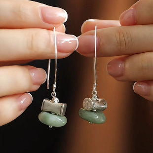 新中式925银天圆地方翡翠耳环复古不对称方枕平安扣小众设计耳钩