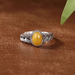 天然蜜蜡麦穗戒指女款小众复古轻奢高级感可调节食指戒母亲节礼物