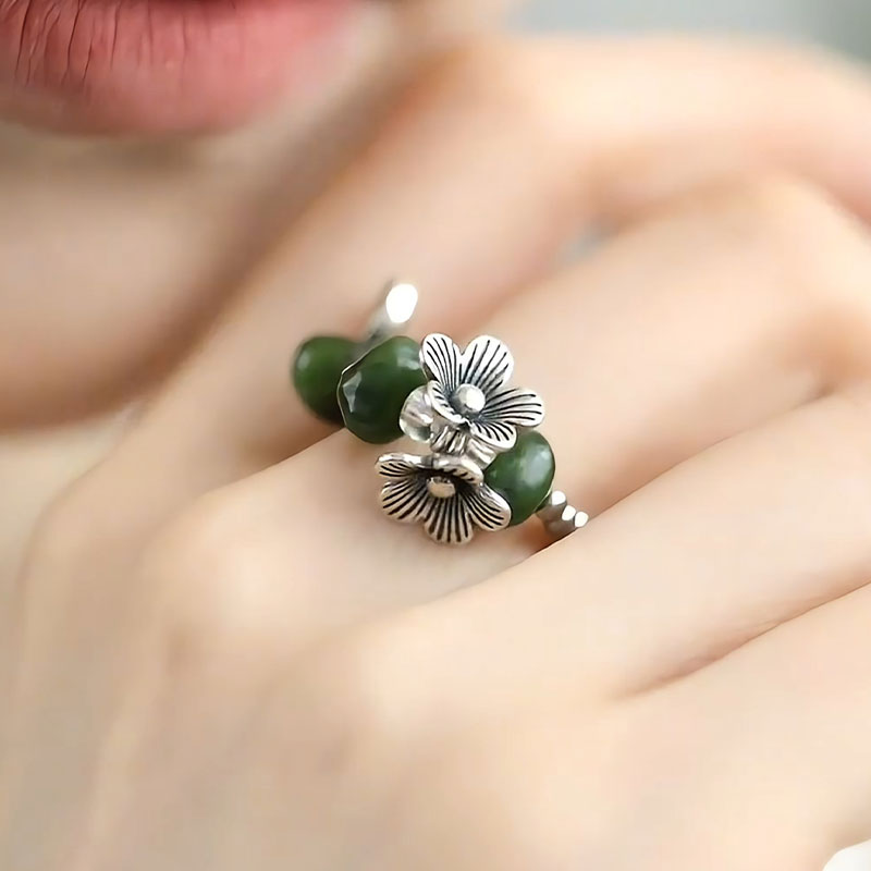 碧玉花朵925银国风复古轻奢戒指