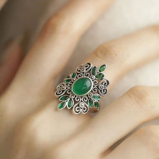 925银民族风碧绿花朵戒指小众新中式高级轻奢气质感精致指环礼物