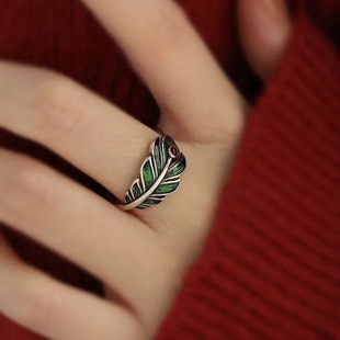 复古做旧925银孔雀羽毛戒指女国风气质百搭小众设计开口指环女