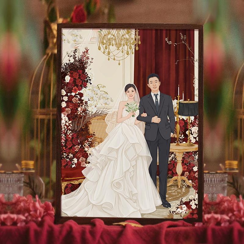 手绘真人婚纱照片画像定制结新婚送新人闺蜜晶瓷装饰画礼物品图片