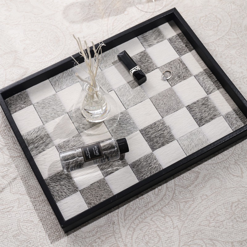 多莫家居香薰马毛棋盘格托盘摆件ins风北欧首饰咖啡杯桌面收纳盘