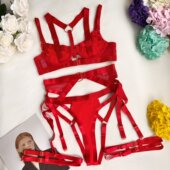 2022跨境新款 亚马逊聚拢钢圈网纱吊袜带性感塑身情趣内衣多件套