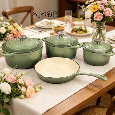 S.JADE铸铁锅四件套装锅珐琅炖锅煎锅煎盘4PCS SET礼品锅fry pan