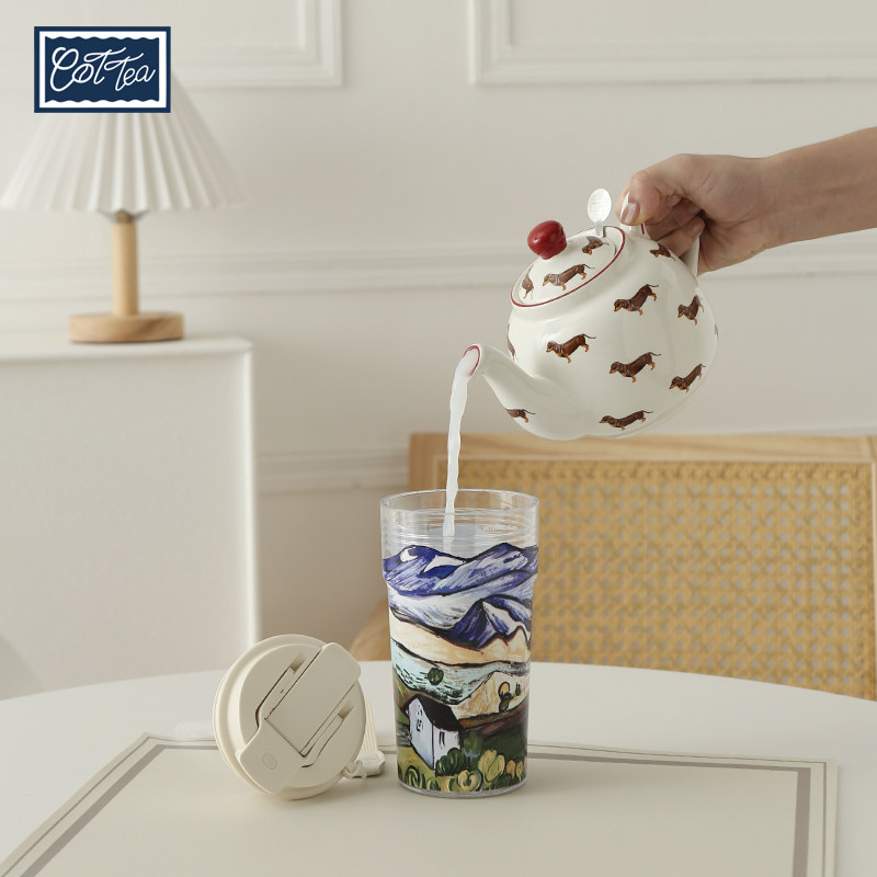 山景油画风硅胶吸管透明双饮杯Tritan塑料便携咖啡杯含提绳随手杯