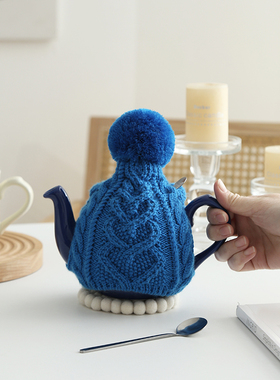 LondonPottery纯羊毛手工钩织蓝色麻花毛衣套防烫保温隔热壶衣ins