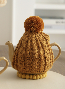 LondonPottery纯羊毛手工钩织姜黄色麻花毛衣套防烫保温隔热壶衣